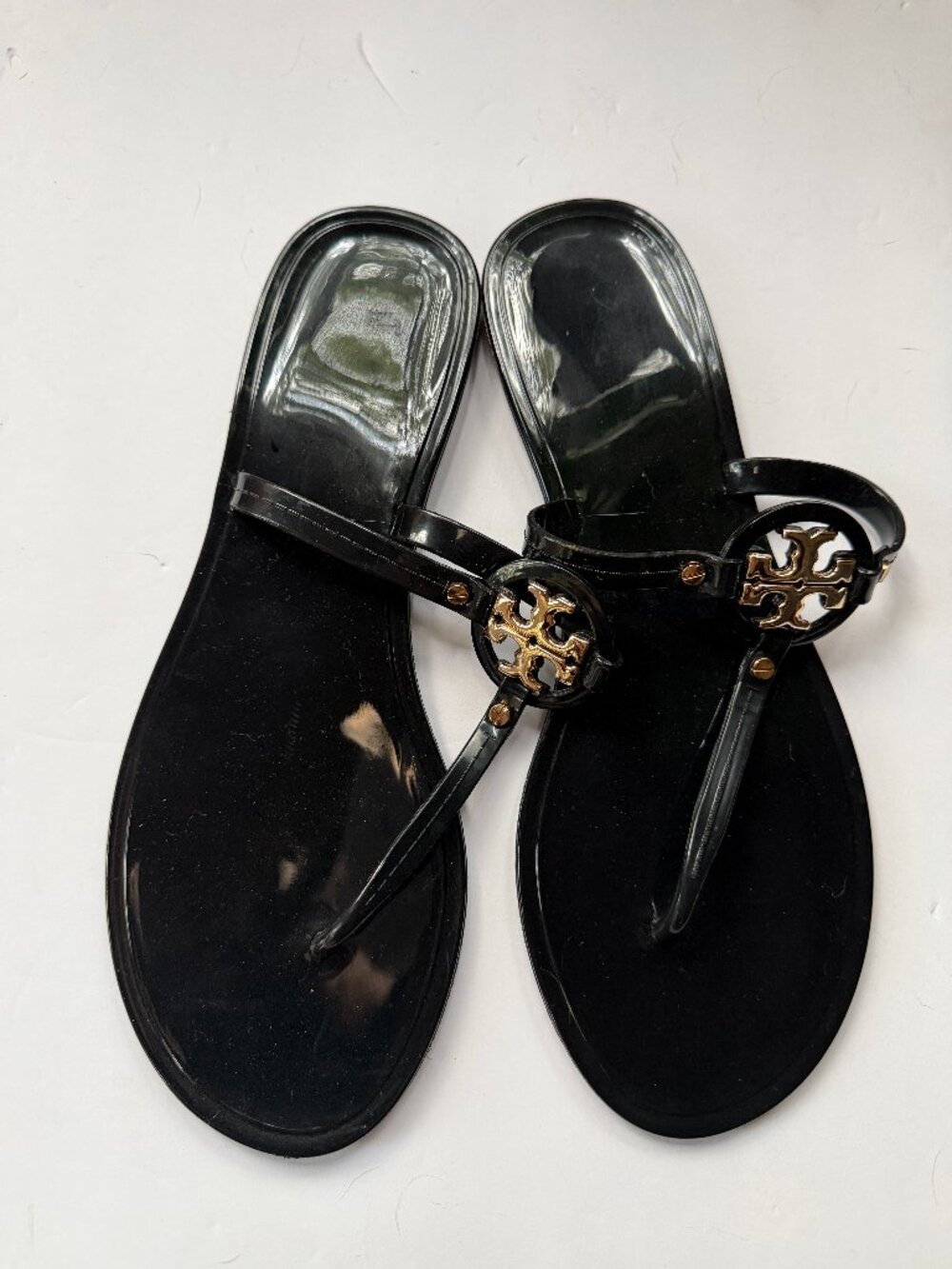 Tory Burch Mini Miller Jelly Thong Sandals Black Gold Logo Size 10